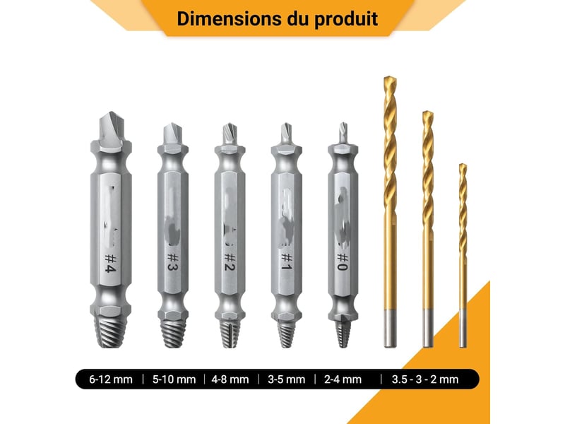  Lot de 8 extracteurs de vis endommagées, outil de démontage de vis hss avec 3 forets à tarauder  - Conforama B