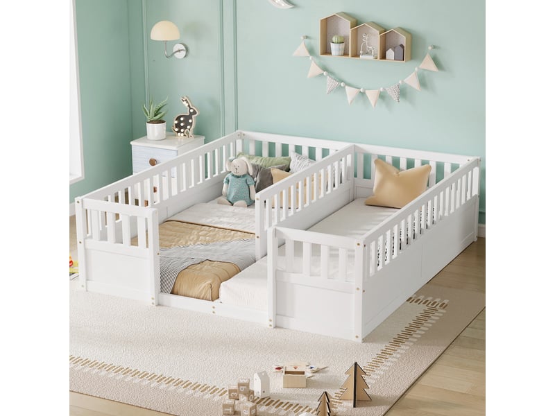 Lit au sol enfant double 90 × 200 cm en bois de pin avec barrières de sécurité semi-fermées - blanc - Conforama B