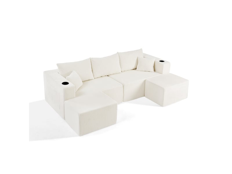  Canapé d'angle modulable - 230x138x75cm - canapé 3 places en velours côtelé avec 2 poufs amovibles et porte-gobelets - blanc  - Conforama A