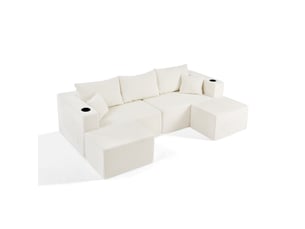 Canapé d'angle modulable - 230x138x75cm - canapé 3 places en velours côtelé avec 2 poufs amovibles et porte-gobelets - blanc