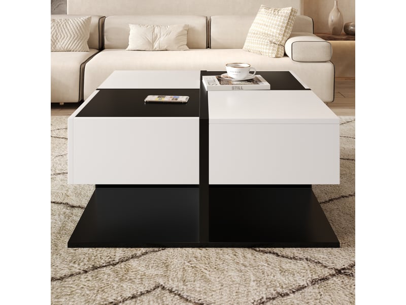  Table basse carrée avec 2 tiroirs et rangement dissimulé, rails coulissants pour salon, noir et blanc 70 × 70 × 35 cm - uvrion  - Conforama C