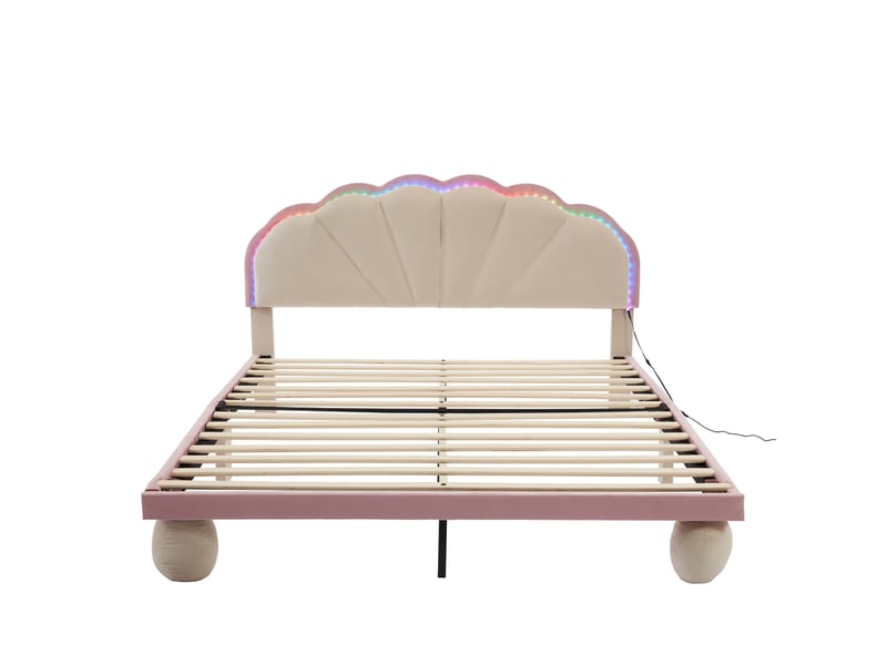  Lit adolescent 140x200 cm avec sommier à lattes, tête de lit ondulée et velours beige  - Conforama E