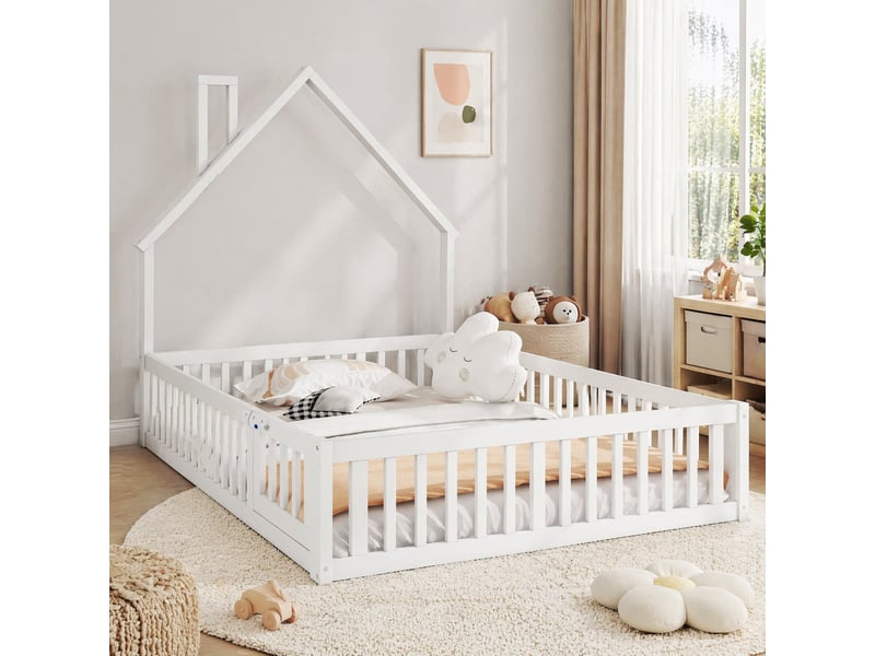  Lit enfant 140x190 cm avec barrière de sécurité, en pin et mdf blanc  - Conforama B