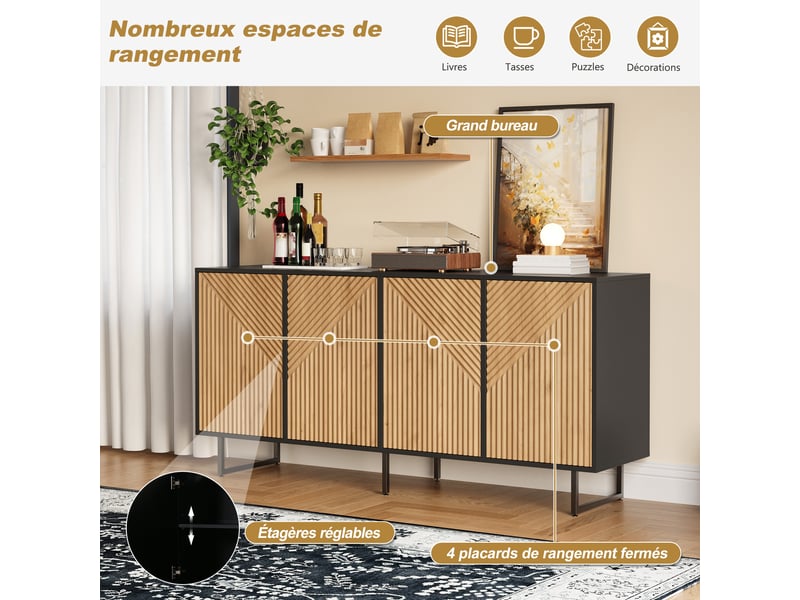  Buffet 4 portes 160 cm bois naturel et noir avec pieds en métal  - Conforama B