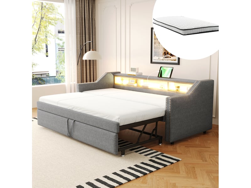  Lit banquette 90 × 190 cm 1 place et 180 × 190 cm 2 places avec 3 niches, led et usb, 2 matelas inclus  - Conforama B