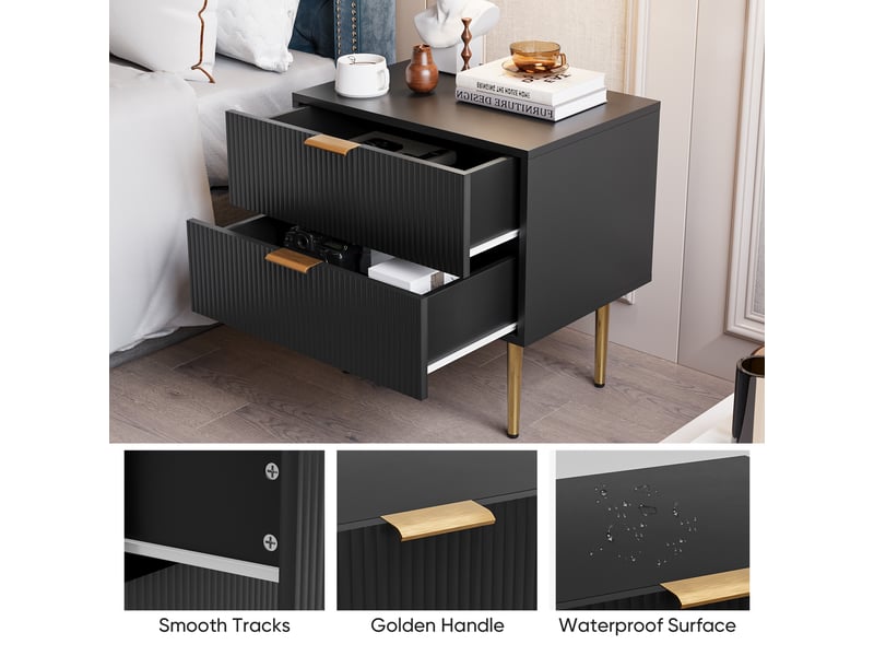  Table de chevet noire motif ondulé, 2 tiroirs, design moderne, pieds en métal, 1 pièce  - Conforama E