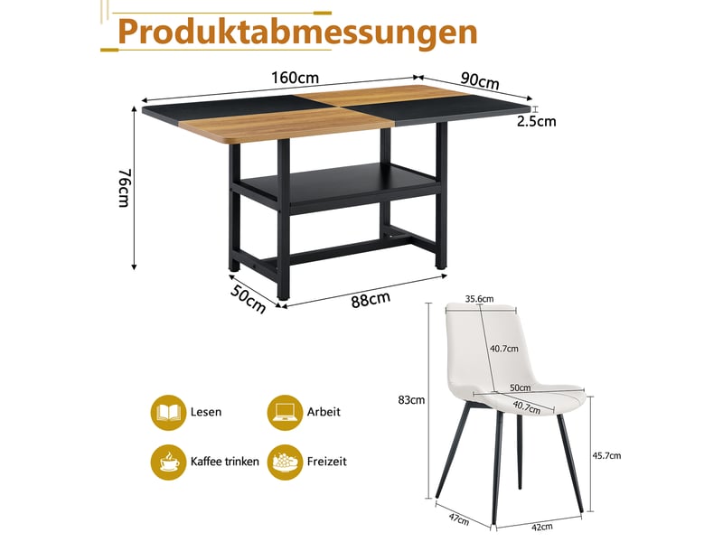  Ensemble table à manger 160 cm avec 4 chaises blanches en similicuir à assise large et rangement intégré, cuisine ou salle à manger  - Conforama E