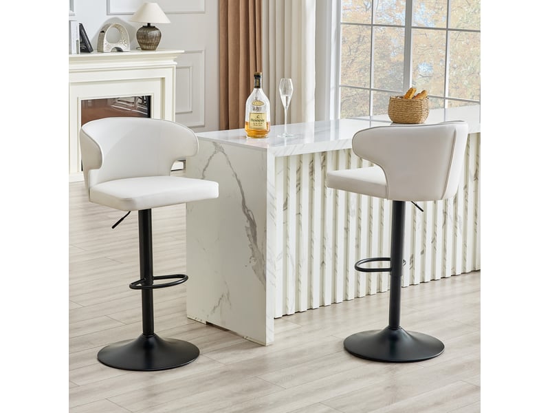  Tabouret de bar pivotant avec dossier ergonomique, hauteur réglable, repose-pieds et base large, en pu blanc  - Conforama C