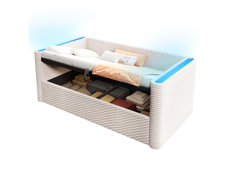  Lit de jour 90x200 canapé lit velours beige avec rangement hydraulique et led multicolore  - Conforama A