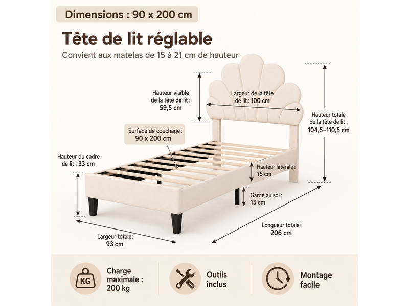  Lit enfant rembourré 90x200, lit simple avec tête de lit en forme de fleur et sommier à lattes, lits 1 personne pour fille adolescent, velours, sans matelas, beige  - Conforama C