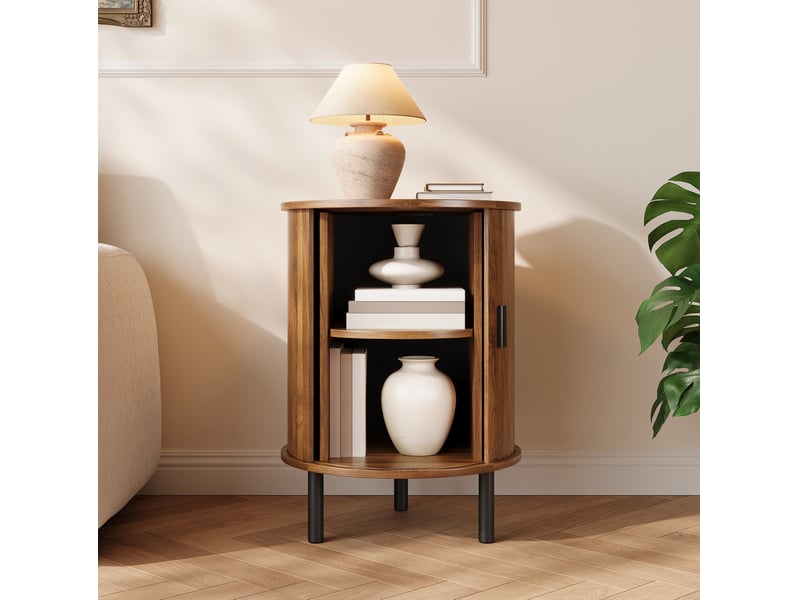  Table d'appoint tcqpz ronde 48 x 48 x 65 cm avec porte coulissante rangement noyer  - Conforama E