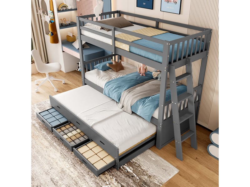  Lit superposé enfant 90 x 200 cm gris avec lit gigogne, 3 tiroirs et échelle  - Conforama D
