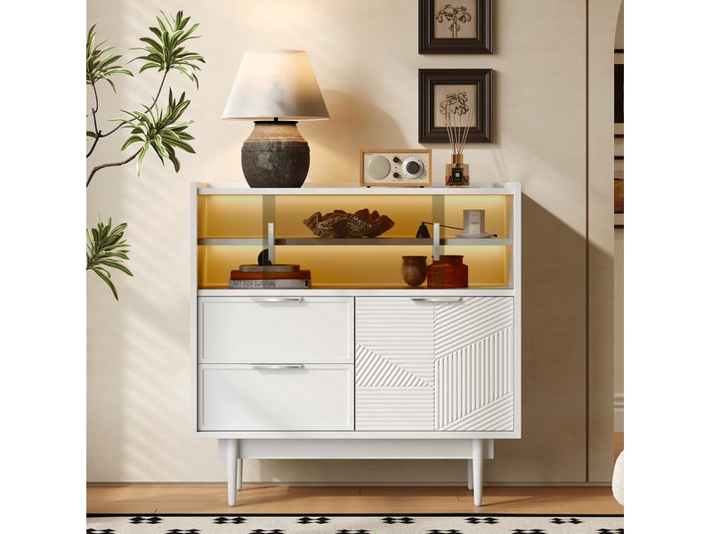  Meuble de rangement avec portes coulissantes vitrées, niches ouvertes et led réglable pour salon en mdf blanc, 80 cm  - Conforama C