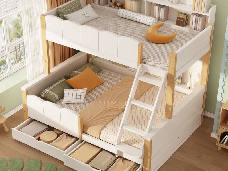  Lit superposé familial enfant 90x200+140x200 cm avec 2 tiroirs, étagères et échelle inclinée, bois blanc et chêne  - Conforama B