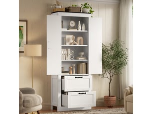Buffet de cuisine haut blanc 60x30x168 cm, 2 portes et 2 tiroirs intégrés, meuble rangement cuisine