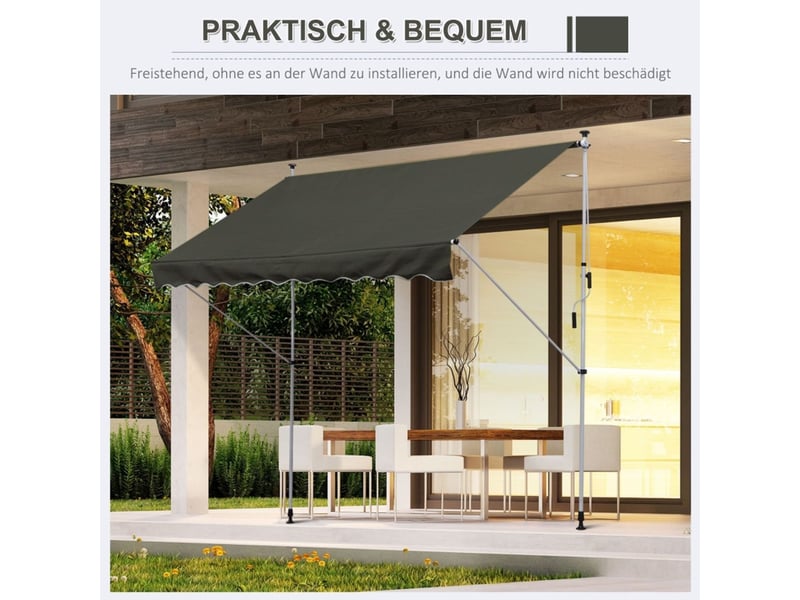 Parasol 300x150, manivelle parasol droit, résistant au vent, aluminium, gris - Conforama D