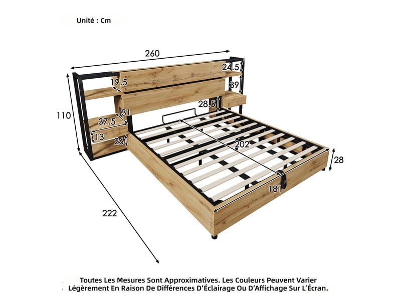  Lit coffre 180x200 cm avec tête de lit rangement et prises usb type c chêne mdf et métal evarich - Conforama C