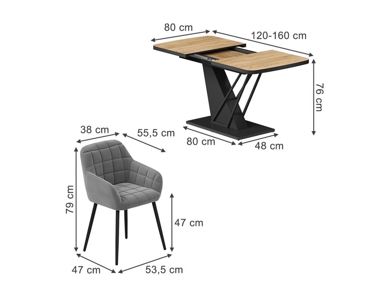  Vicco ensemble de table à manger, chêne de force dorénoir, 120x80cm avec 4 chaises de salle à manger  - Conforama B