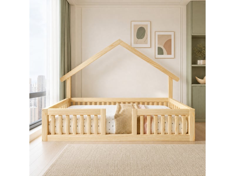  Lit cabane enfant 90 x 200 cm en bois avec barrière de sécurité et guirlande led, naturel  - Conforama B