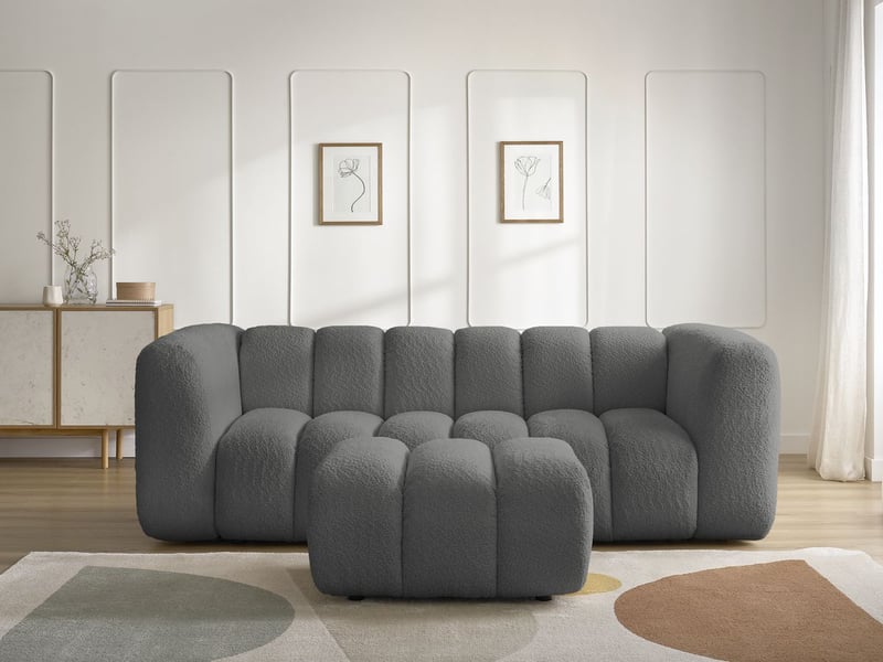  Bobochic canapé droit fixe 3 places talia tissu bouclette avec pouf gris foncé TALIA - Conforama D