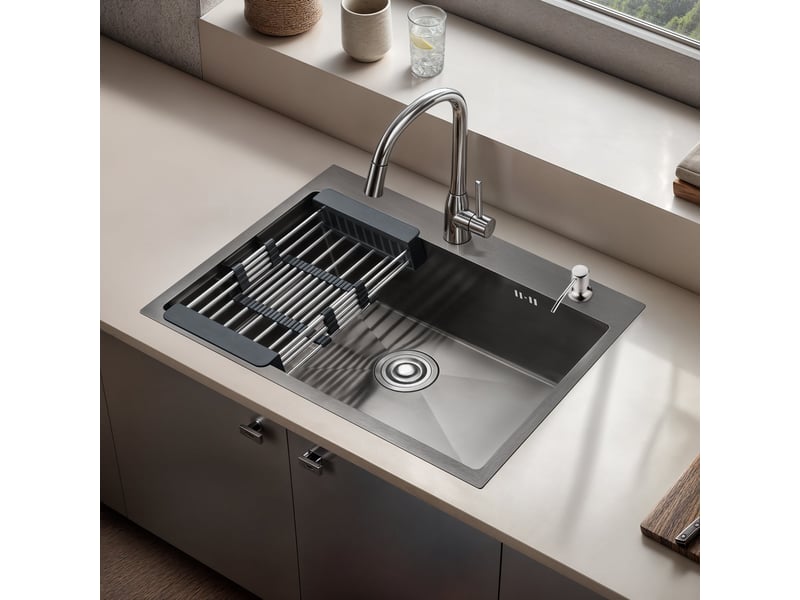  Cuisine evier simple en acier inoxydable 68x45x19 cm, avec panier d'égouttage télescopique, distributeur de savon en acier inoxydable, noir  - Conforama E
