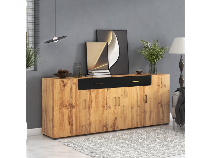 Buffet 4 portes 2 tiroirs, meuble de rangement 208 x 39,5 x 80 cm, finition chêne et noire, étagères intérieures - Conforama B