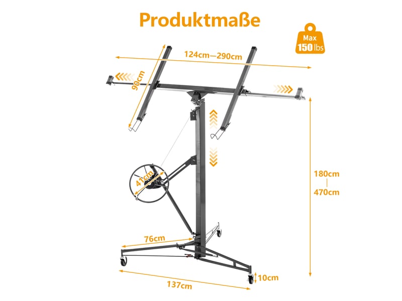 Élévateur de plaques pliable pour plaques de plâtre 68 kg, hauteur réglable 180-470 cm, 3 roues avec frein evryae - Conforama E