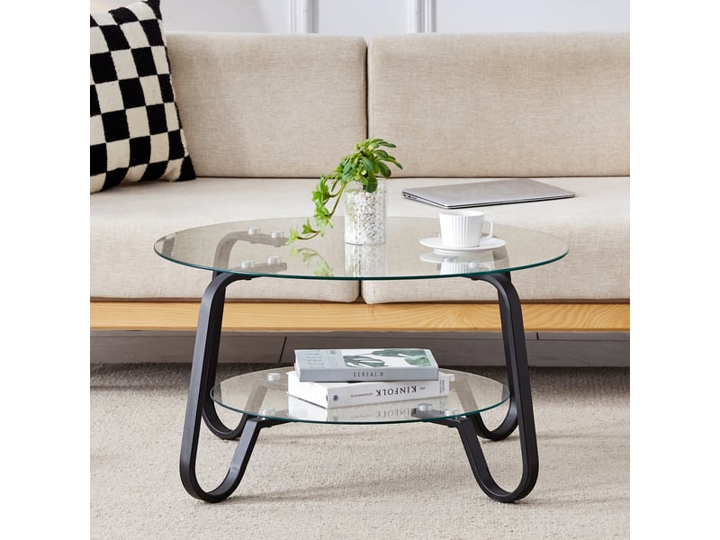  Table basse en verre trempé - design industriel moderne - cadre en métal robuste - deux niveaux de plateaux noir - Conforama E