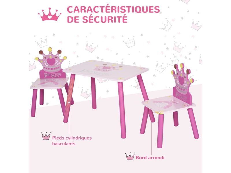  Ensemble table et 2 chaises enfant 3 pièces, pieds en bois massif, table enfant avec chaise motif couronne, rose, pour filles et garçons de 2 à 4 ans  - Conforama A