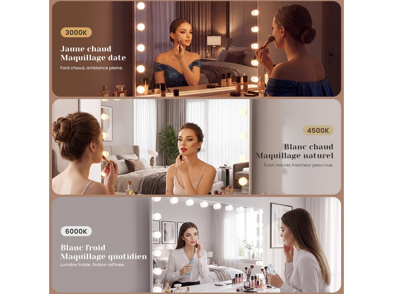  Miroir coiffeuse led 50 x 42 cm - avec miroir grossissant 10x amovible, 3 couleurs d’éclairage et mémorisation du réglage - rectangulaire, à poser ou à fixer au mur  - Conforama D