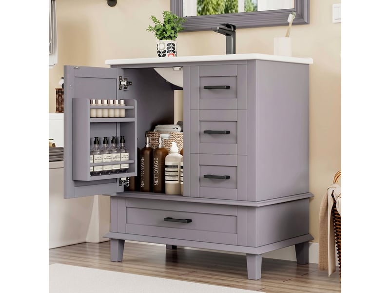 Meuble salle de bain sur pied 76 cm gris avec lavabo céramique intégré  - Conforama B