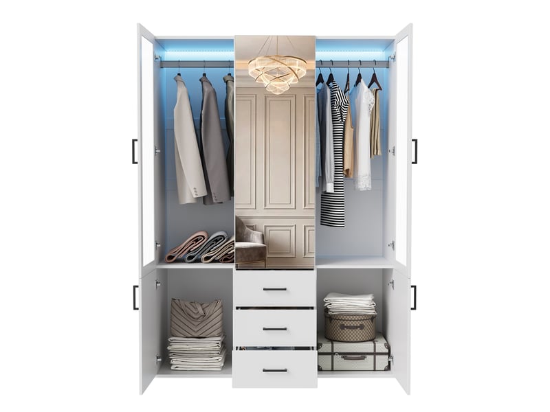  Armoire de penderie 3 portes avec miroir central et tiroirs - 130 x 51,8 x 181,5 cm - blanc - meuble de rangement - éclairage led  - Conforama A