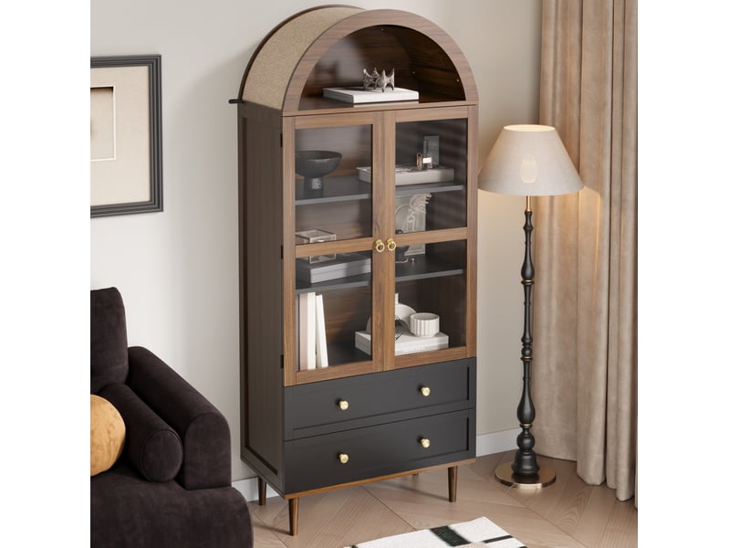 Buffet haut rétro en mdf et verre noyer foncé 70 x 38 x 168 cm  - Conforama D