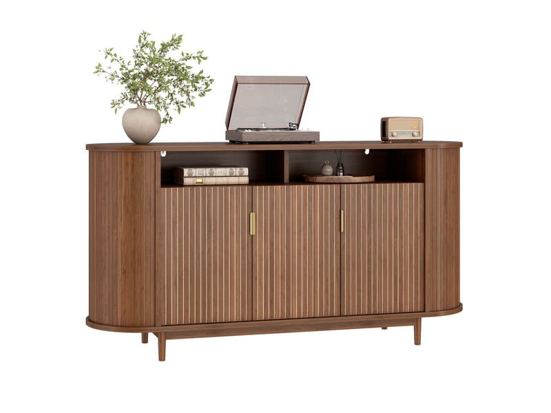 Buffet 140x40x78 cm, avec 3 portes, poignées métal, étagères ouvertes, mdf et panneau de particules, noyer, rangement - Conforama A