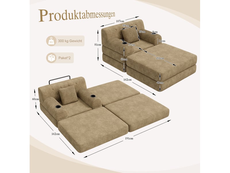  Canapé droit convertible 1 place avec pouf en velours côtelé taupe, dossier haut et 2 porte-gobelets  - Conforama C