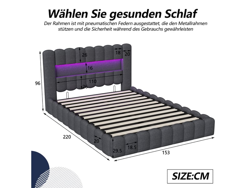  Lit à bulles rembourré 140 x 200 cm, lit hydraulique avec espace de rangement et sommier à lattes, lit double avec éclairage led et ports usb, lin, gris 231223YZ0501#ADysCHWY5SDELLM - Conforama E