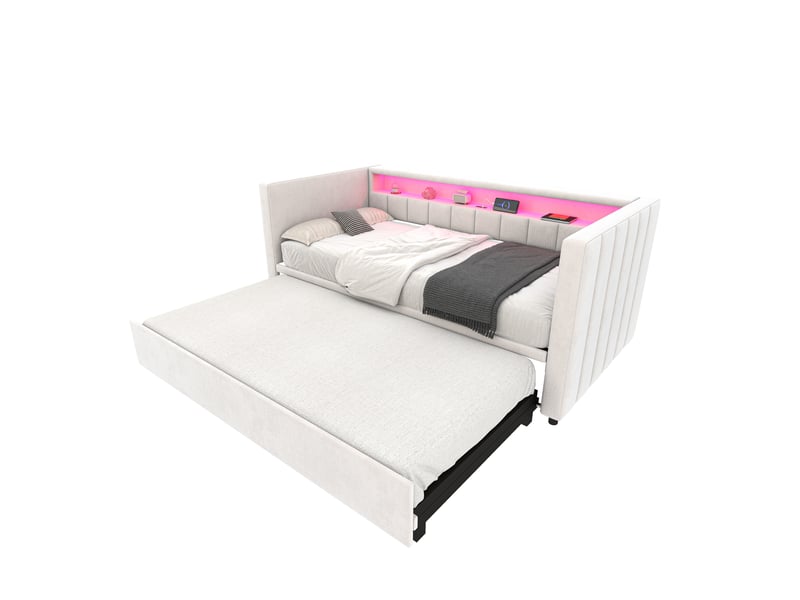  Canapé-lit convertible velours beige 90x190 cm avec led usb-c rangement multifonctionnel  - Conforama E