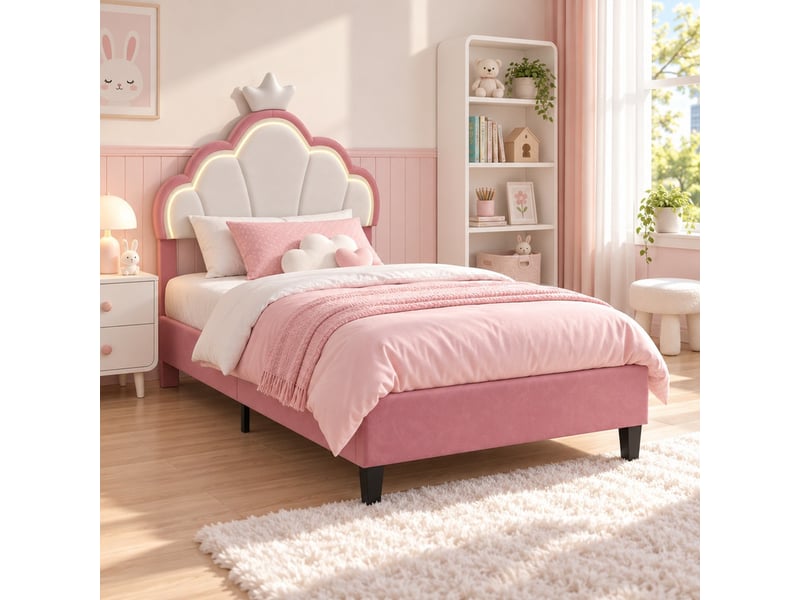  Lit enfant 90x190 cm avec tête de lit réglable couronne, lit simple, led,  velours rose et blanc  - Conforama B