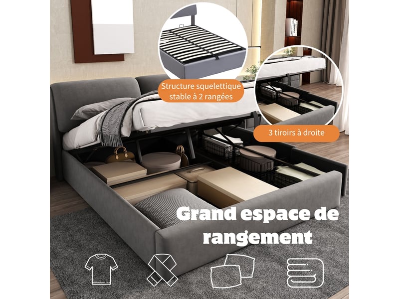  Lit coffre 140x190 cm, lit double, sommier à lattes, rangement hydraulique, velours gris, 3 tiroirs  - Conforama W