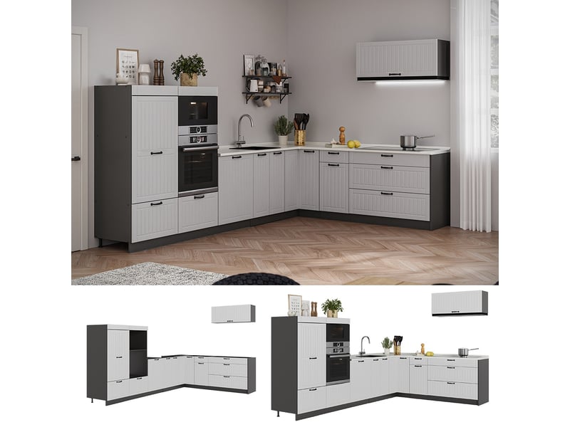 Vicco cuisine en angle, blanc campagneanthracite, 327x51.6cm sans pt - Conforama D