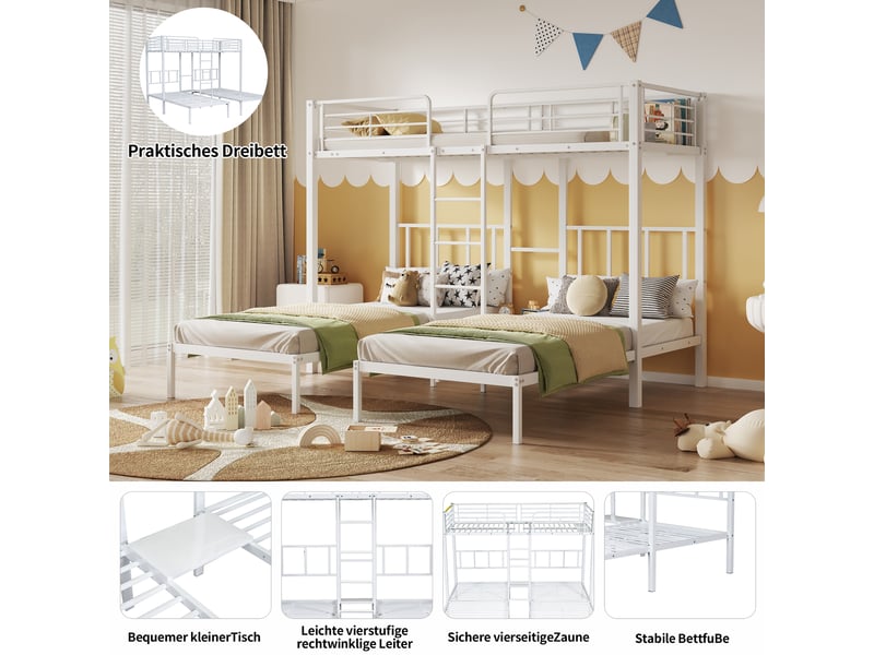  Lit superposé triple blanc 3×90×200 cm, fer, échelle, garde-corps et table intégrée, pour enfants et adolescents  - Conforama D