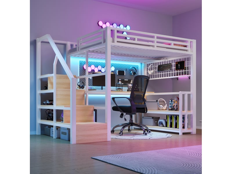  Lit mezzanine enfant 140 x 200 cm blanc avec bureau, rangement, led et prises usbtype-c  - Conforama B
