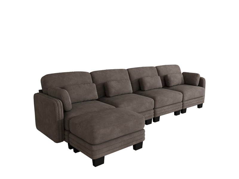  Canapé d’angle modulable 4 places 330x143x88 cm avec pouf, coussins inclus, design ergonomique, chenille marron design  - Conforama A