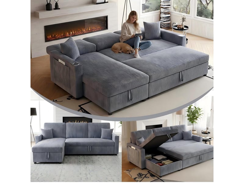  Canapé d’angle (à gauche) convertible 3 places 207,5 x 142 x 84,5 cm, avec rangement, assise spacieuse et méridienne, velours côtelé, gris OMNIGLINT TRADING LTD - Conforama E