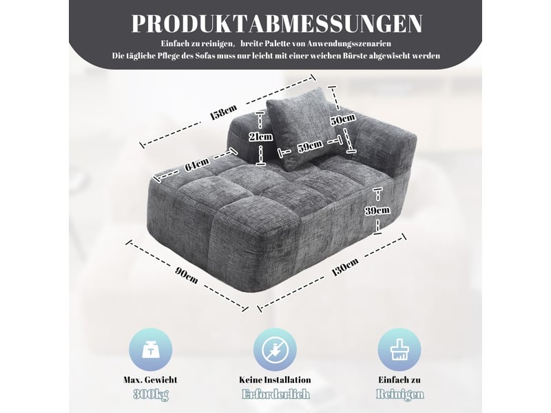  Chaise longue 158x90x60cm - fauteuil relax moelleux avec poches et coussin - chenille gris  - Conforama E