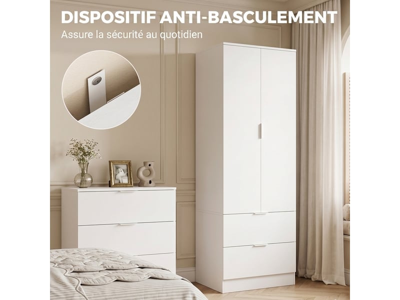  Armoire chambre penderie avec 2 tiroirs, 2 portes à fermeture douce et barre de suspension, 60 x 47 x 180 cm, blanc  - Conforama E