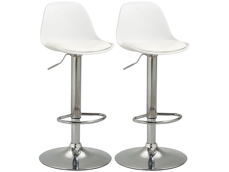 Lot 2 tabourets cuisine design pivotants, dossier, repose-pieds, réglables, similicuirpolypropylène, acier, 38x42x82-104 cm, blanc.  - Conforama A
