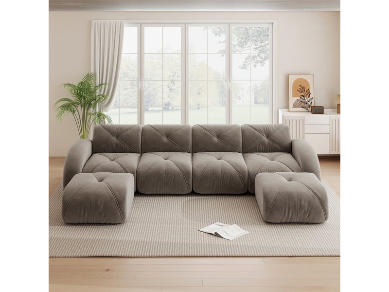  Canapé d'angle, canapé modulable : sans montage, sans cadre, base antidérapante, taupe, 4 places, en tissu, forme u  - Conforama R