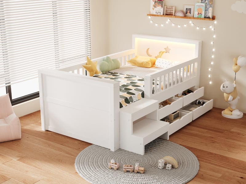 Lit simple enfant 90x200 cm - 4 tiroirs et rangement - tête de lit led avec motifs étoiles et lune - barrières et marchepied - blanc - Conforama R