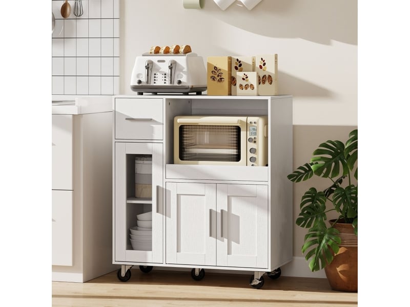  Desserte de cuisine 80 x 40 x 88,7 cm blanche, panneaux de particules et mdf, rangement mobile à roulettes  - Conforama B